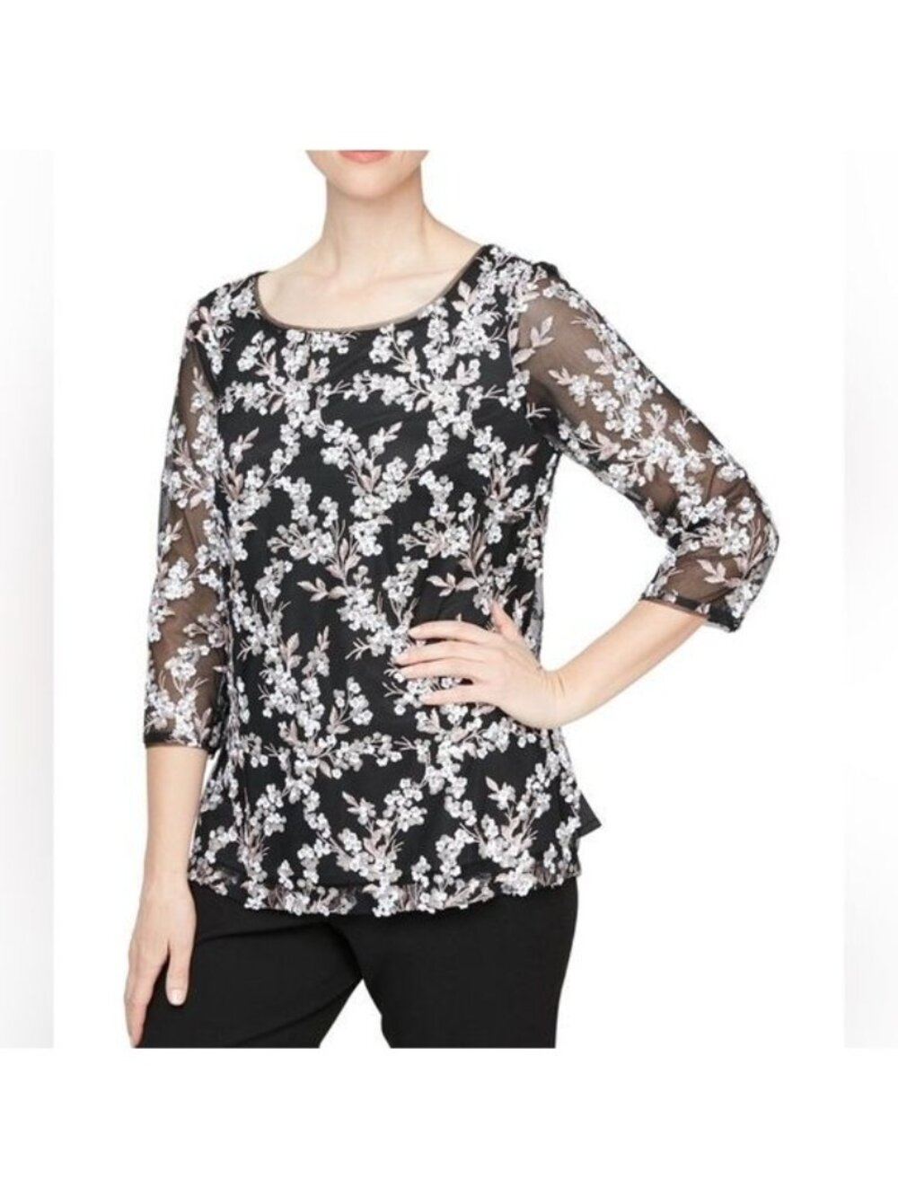 Alex Evenings Black Embroidered Tunic Sequin Detail Sheer Mesh Overlay Top NWT